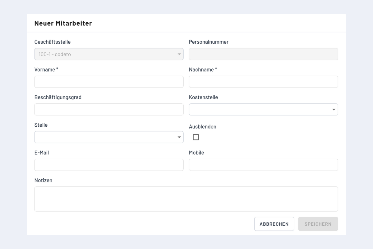 Fenster Neuer Mitarbeiter erfassen