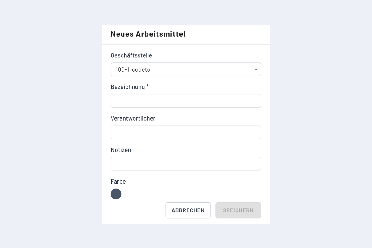 Fenster neues Arbeitsmittel erfassen