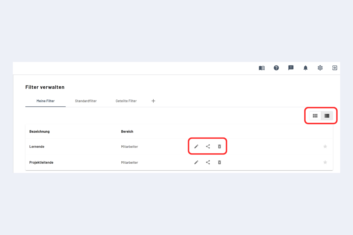 Menu Filter verwalten