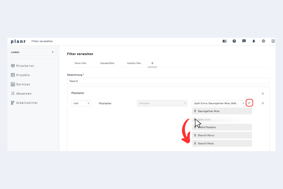 Sortierung Filter für Team