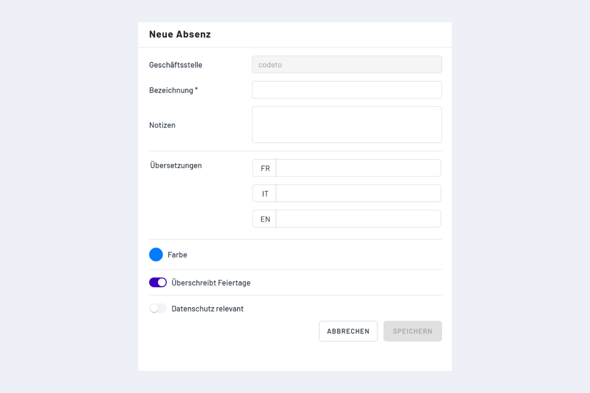 Create New Absence Window