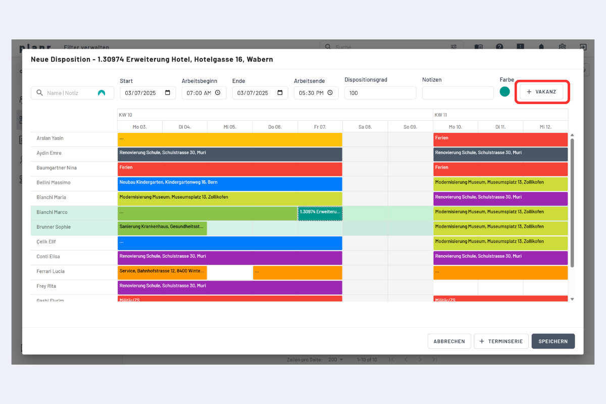 Fenêtre Créer une disposition avec poste vacant