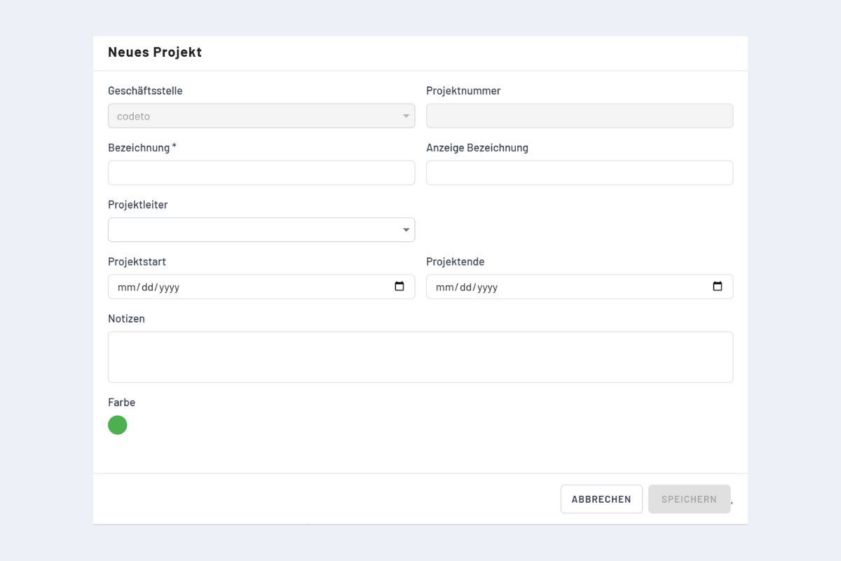 Finestra registrare un nuovo progetto